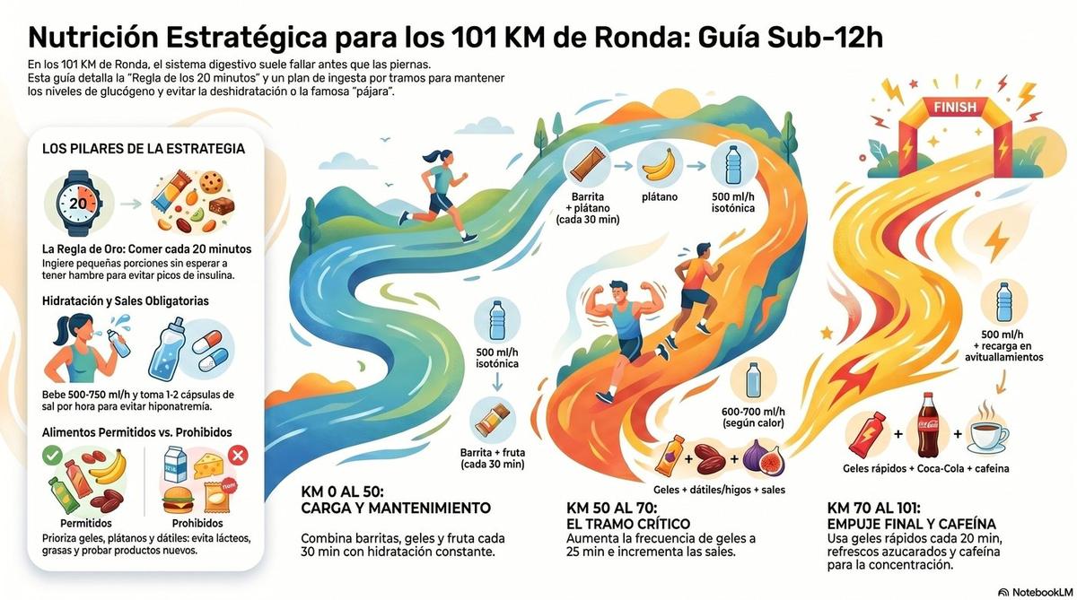 Infografía: nutrición estratégica para los 101 KM de Ronda con la regla de los 20 minutos
